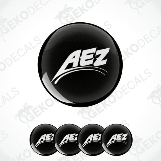 A set of four black vinyl stickers with the AEZ brand logo and text