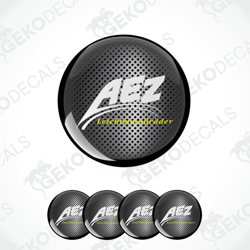 A set of four black vinyl stickers with the AEZ brand logo and text.