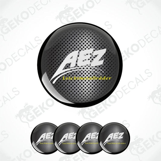 A set of four black vinyl stickers with the AEZ brand logo and text.