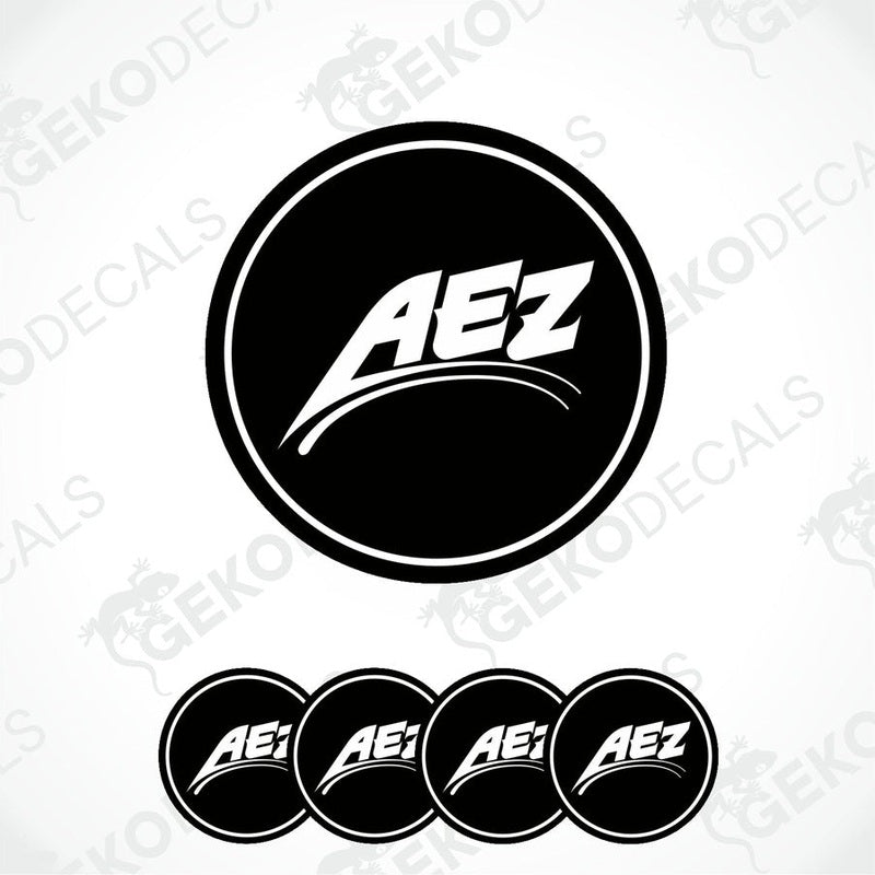 Set of four black vinyl decals with the AEZ logo in white, designed for use on vehicle wheels.