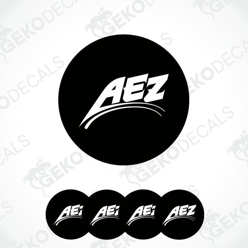 A set of four black vinyl stickers with the AEZ brand logo and text