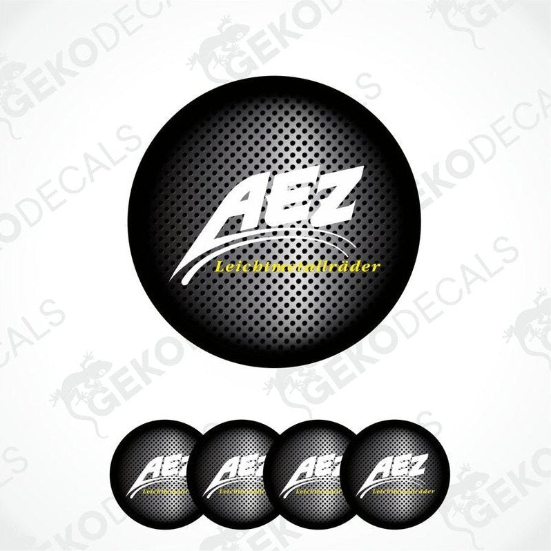 A set of four black vinyl stickers with the AEZ brand logo and text
