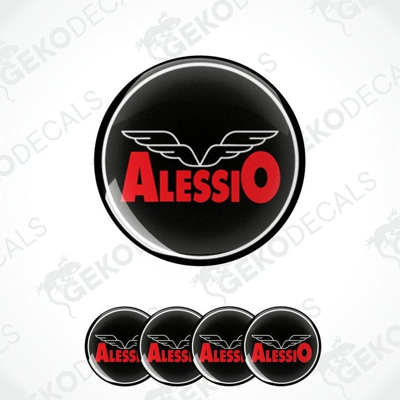 Set of four round car decals with the brand name 'Alessio' written in red on a black background with a winged logo.