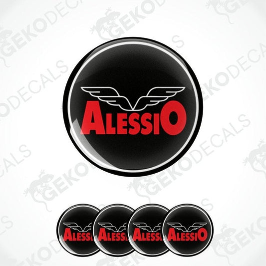 Set of four round car decals with the brand name 'Alessio' written in red on a black background with a winged logo.