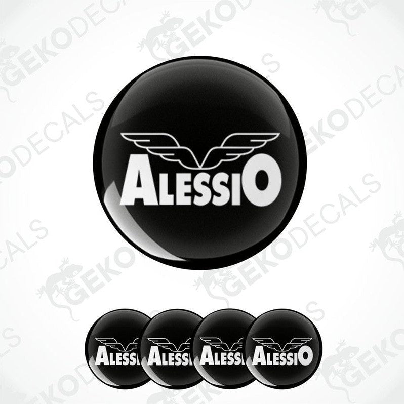 Set of four black vinyl decals with the word 'Alessio' and a wings logo