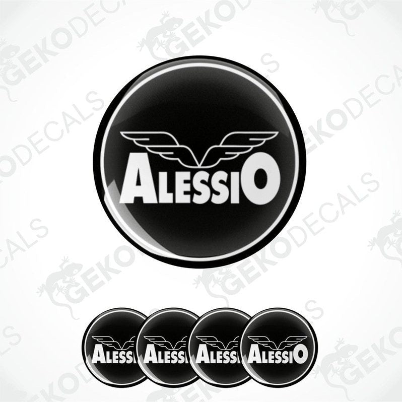 A set of four black vinyl stickers with the word 'ALESSIO' printed on them, arranged in a circular pattern with a white background.