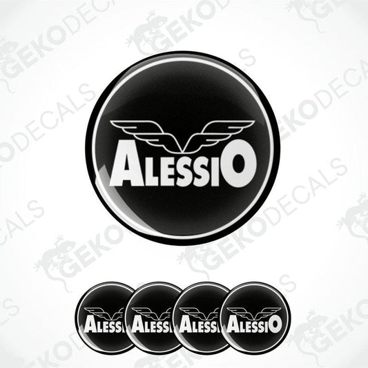 A set of four black vinyl stickers with the word 'ALESSIO' printed on them, arranged in a circular pattern with a white background.