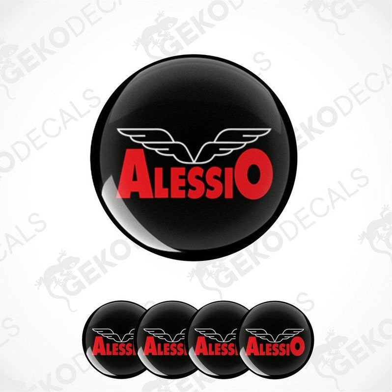 Set of four round car decals with the brand name 'Alessio' written in red on a black background with a winged logo.