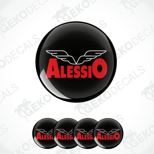Set of four round car decals with the brand name 'Alessio' written in red on a black background with a winged logo.
