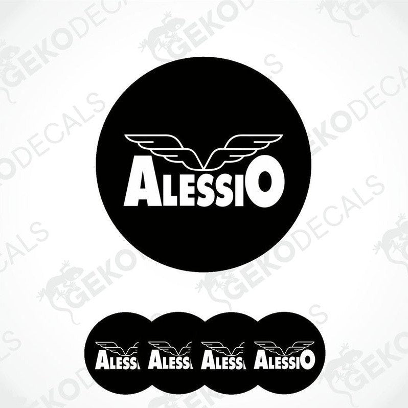 Set of four black vinyl decals with the word 'Alessio' and a wings logo