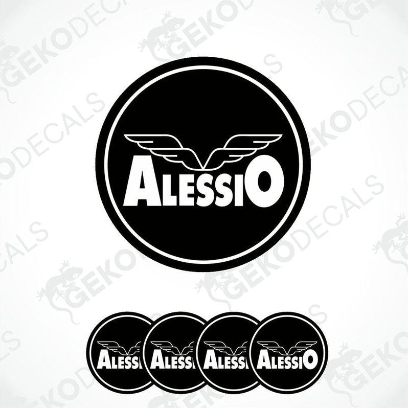 A set of four black vinyl stickers with the word 'ALESSIO' printed on them, arranged in a circular pattern with a white background.