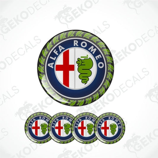 A set of four round vinyl stickers with a green, red, white, and black design featuring the Alfa Romeo logo and a snake emblem.