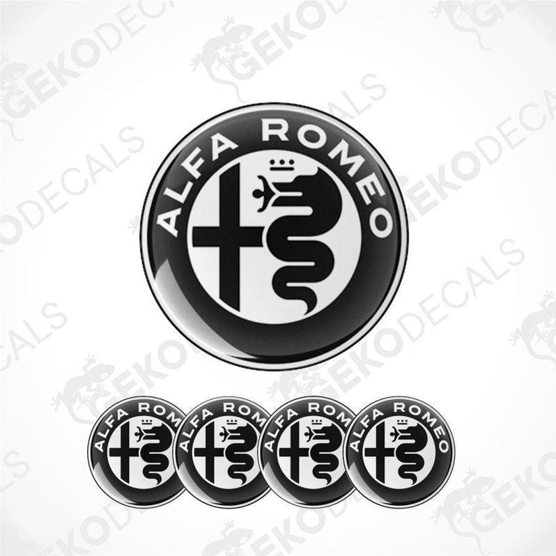 A set of four Alfa Romeo branded vinyl decals with a polyurethane coating, displayed on a white background.
