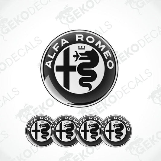 A set of four Alfa Romeo branded vinyl decals with a polyurethane coating, displayed on a white background.