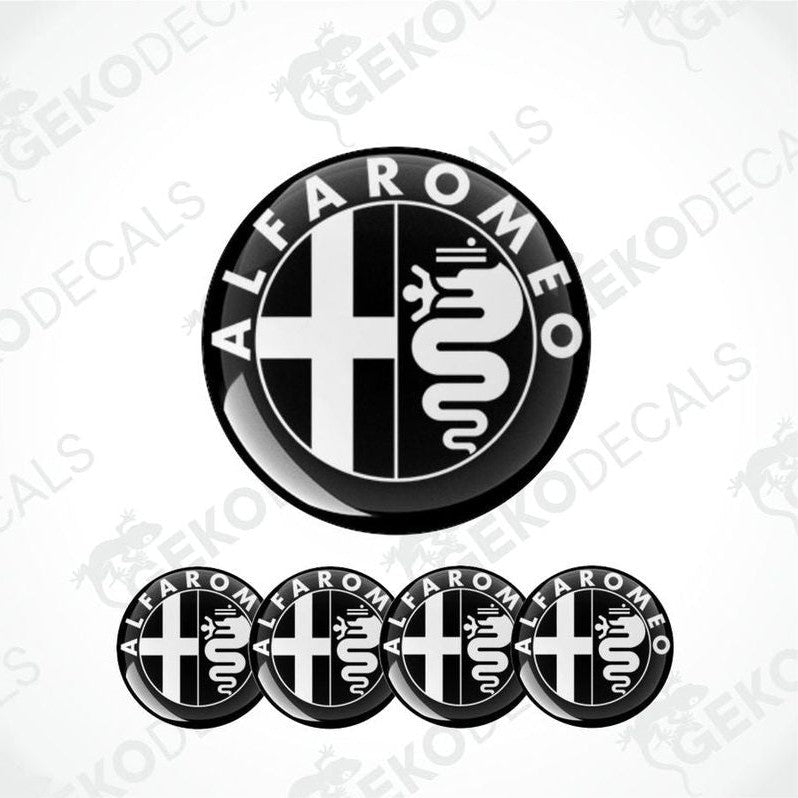 Set of four Alfa Romeo branded vinyl decals with a geometric design, predominantly black and white.