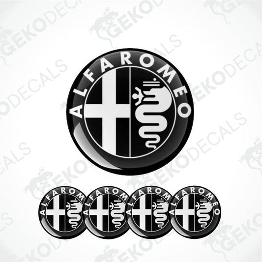 Set of four Alfa Romeo branded vinyl decals with a geometric design, predominantly black and white.