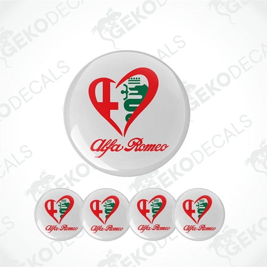 A set of four round vinyl stickers with a white background and red and green heart design, featuring the Alfa Romeo logo.