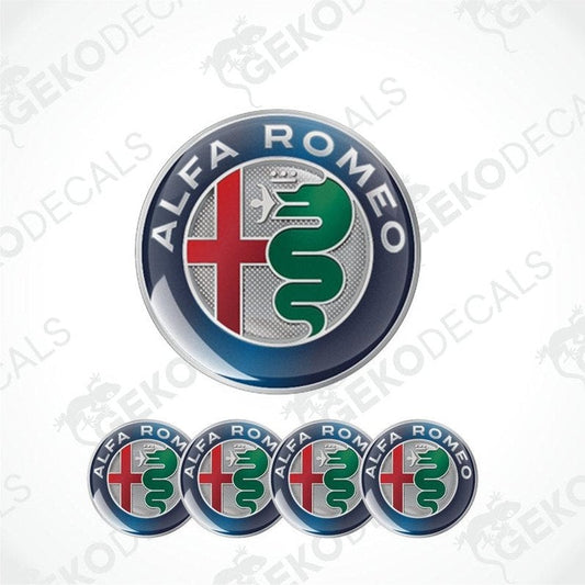 A set of four Alfa Romeo branded vinyl stickers with a polyurethane coating, displayed against a white background.