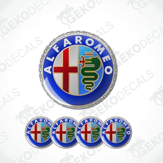 A set of four blue vinyl stickers with the Alfa Romeo logo in the center.