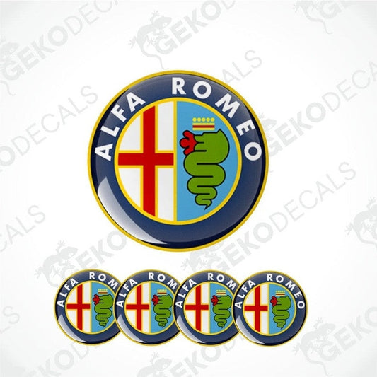 A set of four vinyl stickers with a Alfa Romeo logo, featuring a blue shield with a red and white snake emblem and the Alfa Romeo brand name.