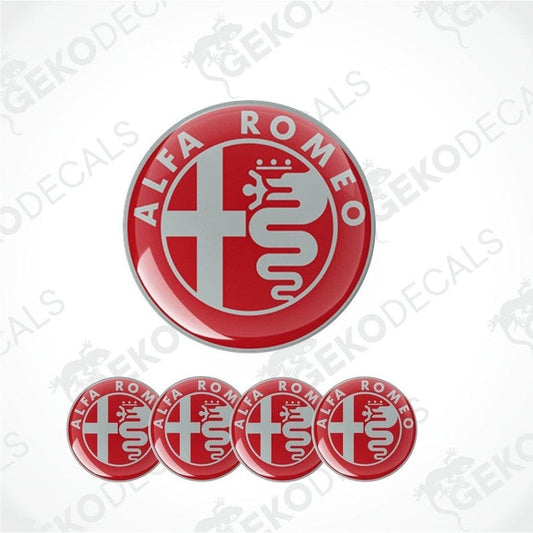 Set of four Alfa Romeo branded vinyl decals with a polyurethane coating, displayed on a white background.