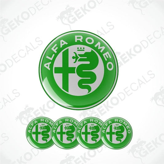 A set of four green Alfa Romeo branded vinyl decals with a polyurethane coating.