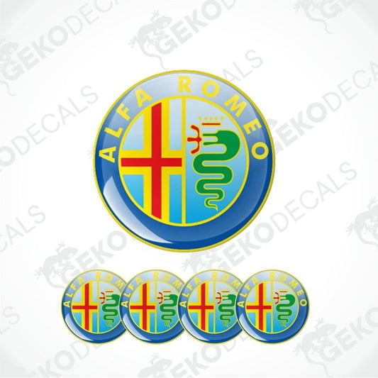 A set of four blue  and yellow vinyl stickers with the Alfa Romeo logo in the center.