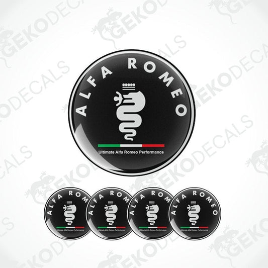 Set of four ALFA ROMEO branded vinyl decals with a polyurethane coating, displayed on a white background.