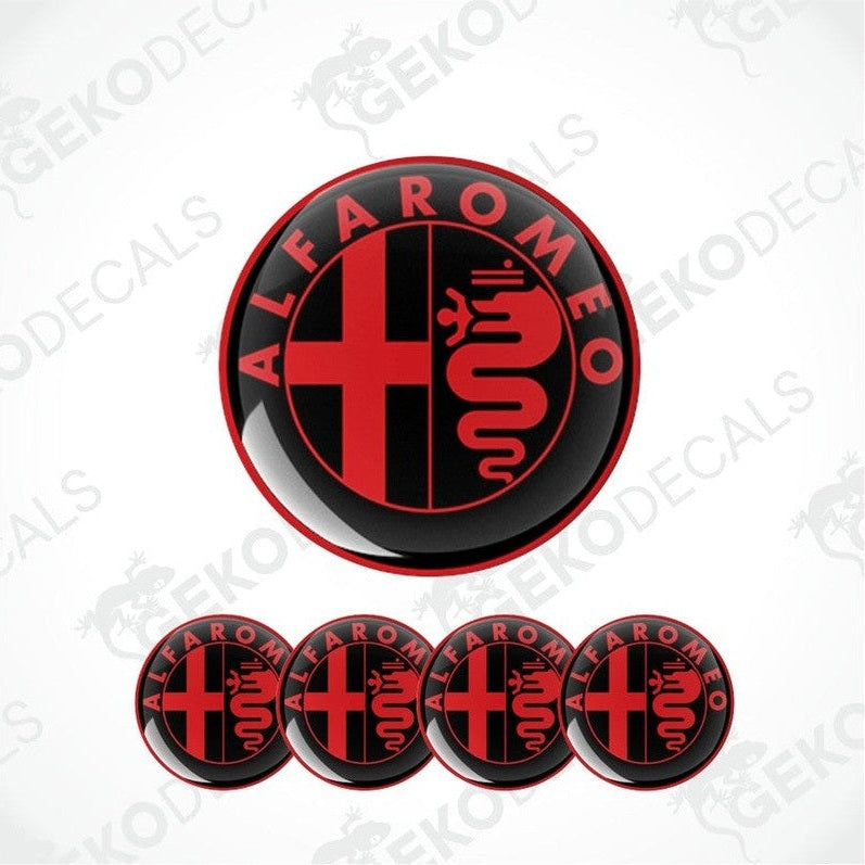 Set of four Alfa Romeo branded vinyl decals with a red and black design, including the Alfa Romeo logo.