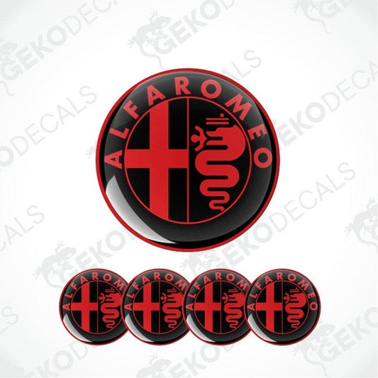 Set of four Alfa Romeo branded vinyl decals with a red and black design, including the Alfa Romeo logo.