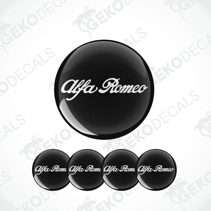 Set of Alfa Romeo branded vinyl decals, including four stickers with the Alfa Romeo logo, two in black and two in white color scheme.