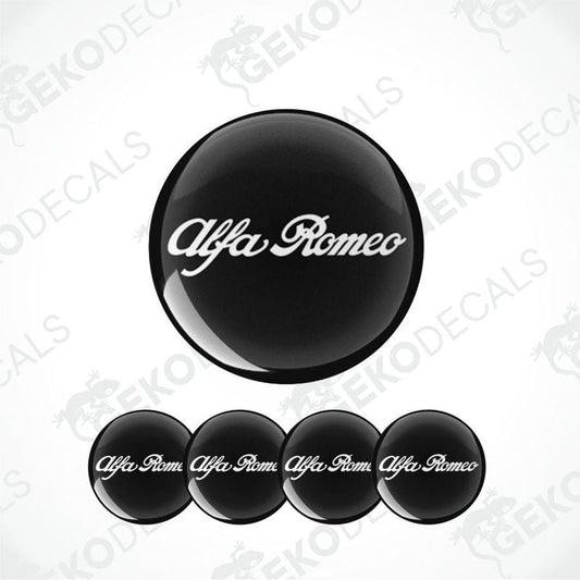 Set of Alfa Romeo branded vinyl decals, including four stickers with the Alfa Romeo logo, two in black and two in white color scheme.