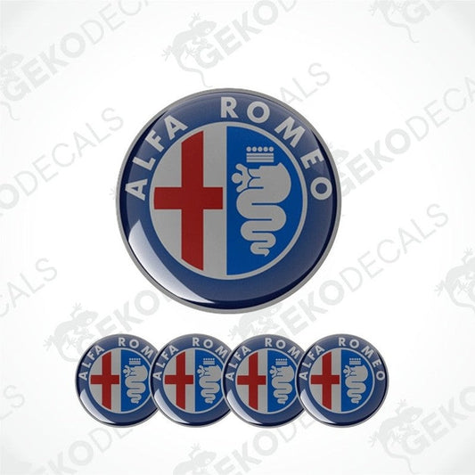 Set of four Alfa Romeo branded vinyl decals with a polyurethane coating, displayed on a white background.
