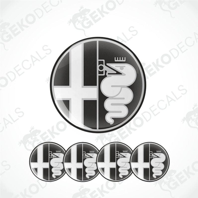 A set of four Alfa Romeo branded vinyl decals with a polyurethane coating, displayed on a white background.