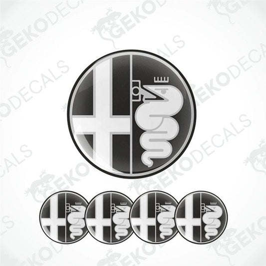 A set of four Alfa Romeo branded vinyl decals with a polyurethane coating, displayed on a white background.