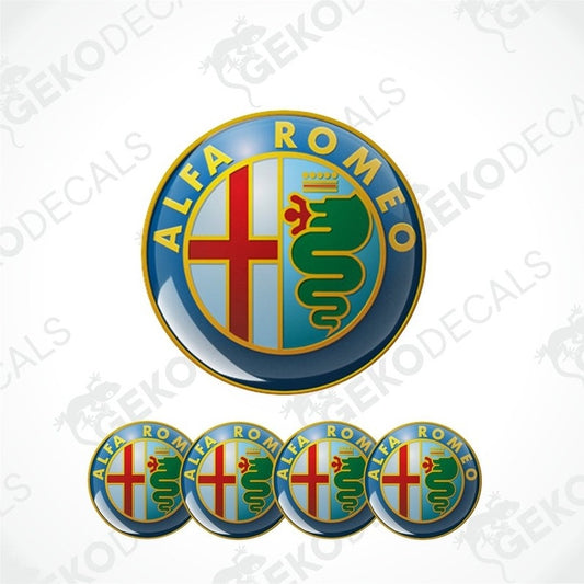 A set of four blue, red, green, and white vinyl stickers with the Alfa Romeo logo on them.