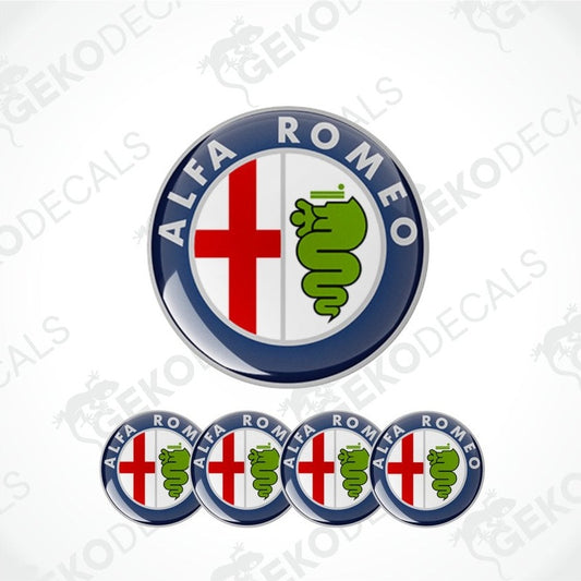 A set of four round vinyl stickers with a blue, red, white, and green design featuring the Alfa Romeo logo and a snake emblem.