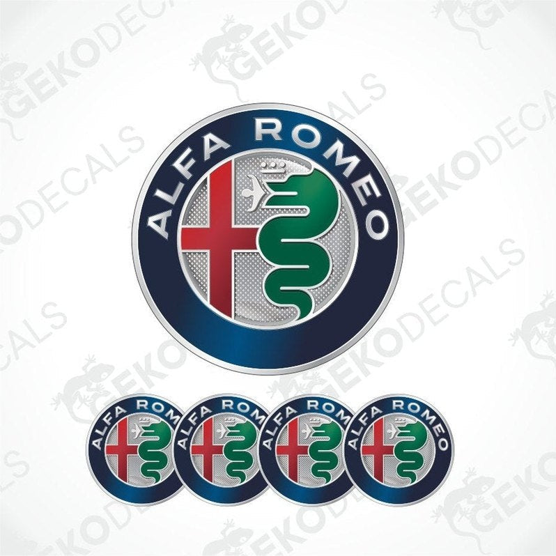 A set of four Alfa Romeo branded vinyl stickers with a polyurethane coating, displayed against a white background.