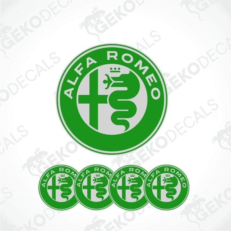 A set of four green Alfa Romeo branded vinyl decals with a polyurethane coating.