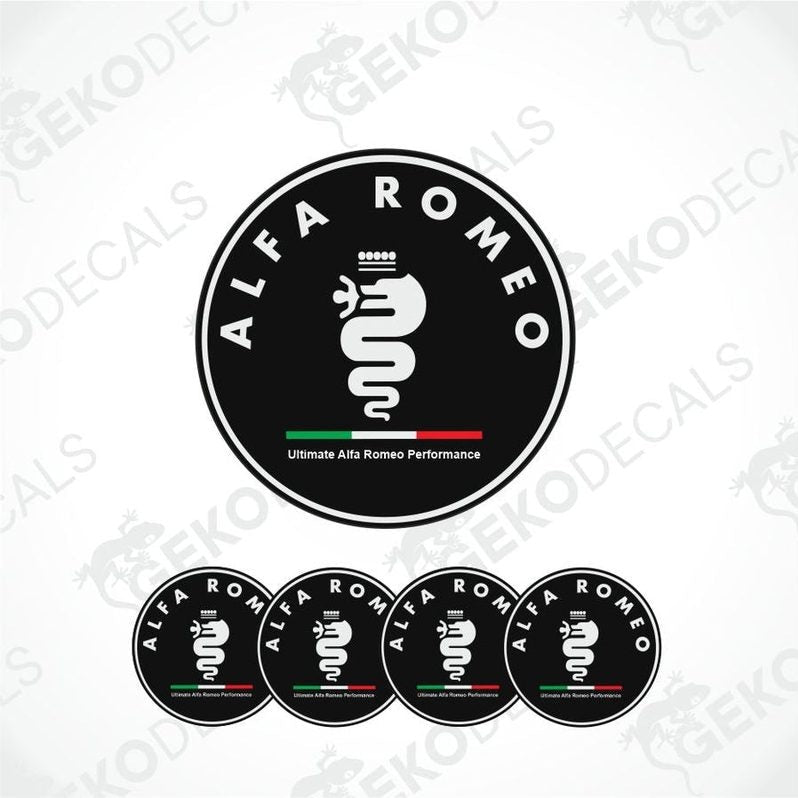 Set of four ALFA ROMEO branded vinyl decals with a polyurethane coating, displayed on a white background.