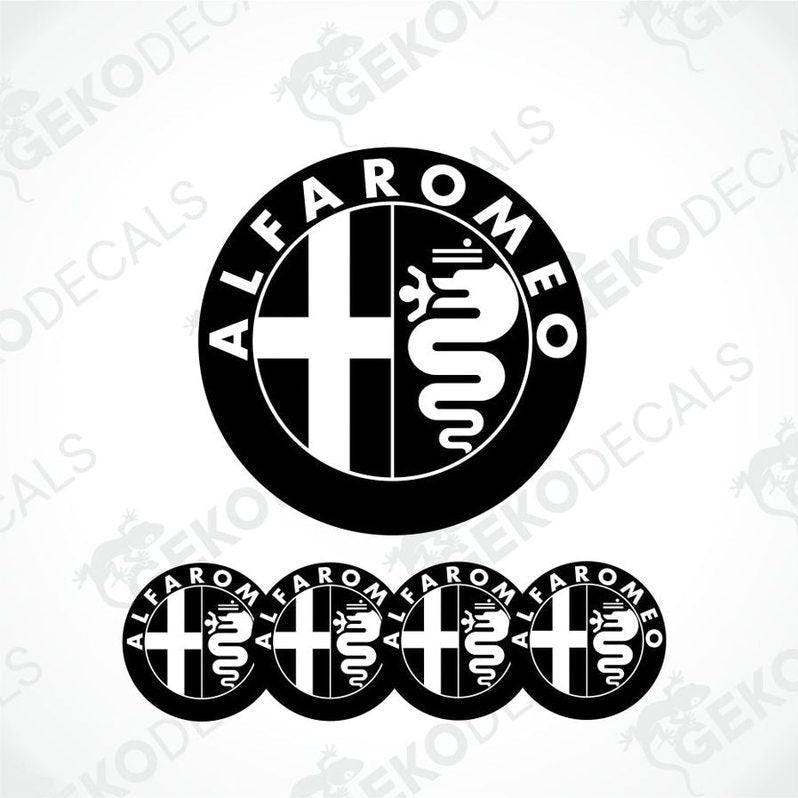 Set of four Alfa Romeo branded vinyl decals with a geometric design, predominantly black and white.
