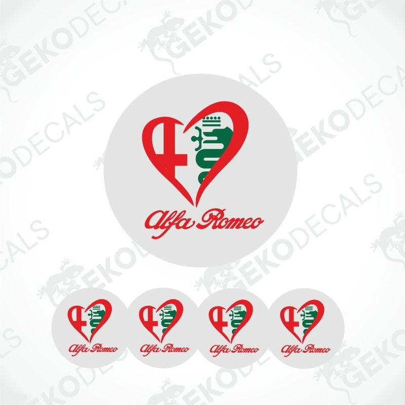 A set of four round vinyl stickers with a white background and red and green heart design, featuring the Alfa Romeo logo.