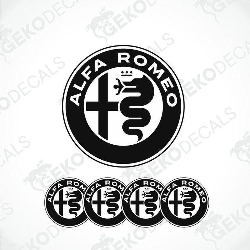 A set of four Alfa Romeo branded vinyl decals with a polyurethane coating, displayed on a white background.
