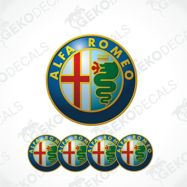A set of four blue, red, green, and white vinyl stickers with the Alfa Romeo logo on them.