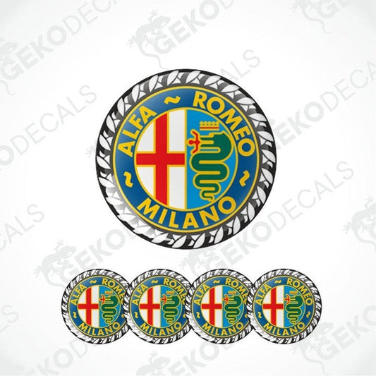 A set of four round vinyl stickers with a geometric pattern and the Alfa Romeo Milano logo in the center.