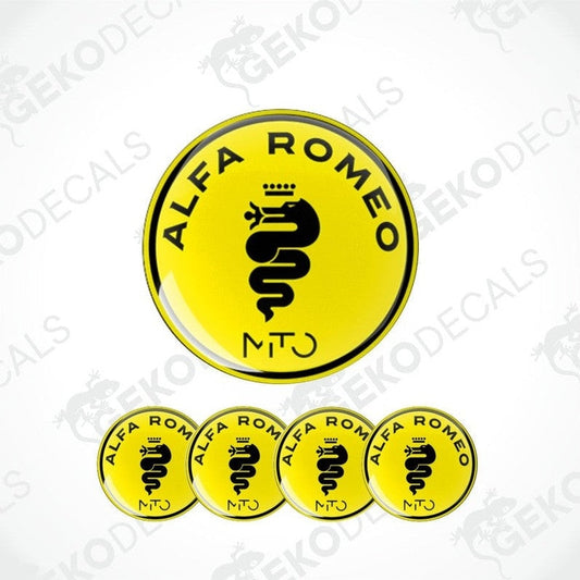 A set of four yellow vinyl stickers with the ALFA ROMEO MITO logo in black.