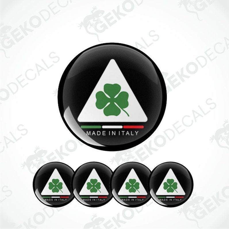 Set of four polyurethane-coated vinyl stickers depicting the Alfa Romeo Quadrifoglio four-leaf clover on a black background with the words "MADE IN ITALY".