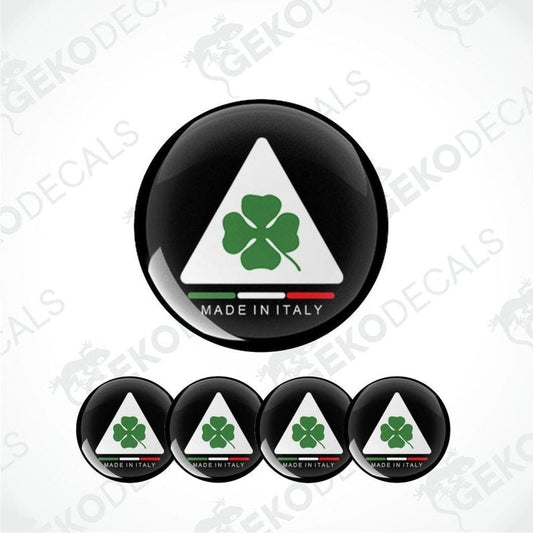 Set of four polyurethane-coated vinyl stickers depicting the Alfa Romeo Quadrifoglio four-leaf clover on a black background with the words "MADE IN ITALY".