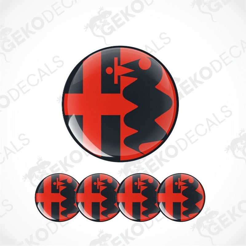 Set of four Alfa Romeo branded vinyl decals with a red and black design, including the Alfa Romeo logo, intended for use on car wheels or other surfaces.