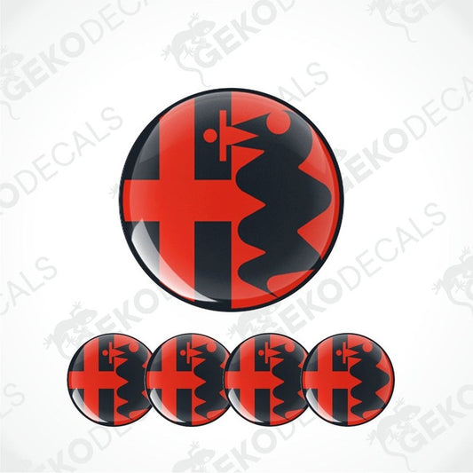 Set of four Alfa Romeo branded vinyl decals with a red and black design, including the Alfa Romeo logo, intended for use on car wheels or other surfaces.